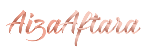 Cursive text 'AizaAftara' in rose gold color on a white background